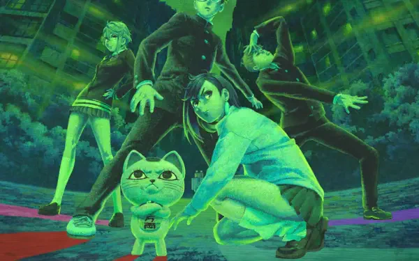Dandadan anime HD PC desktop wallpaper: four teens strike dramatic poses in a green neon cityscape, one kneeling beside a small, expressive cat-like creature.