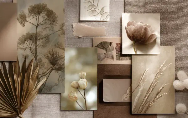 Aesthetic brown collage of framed nature art—dried flowers, seed heads and woven textures—arranged as an HD PC desktop wallpaper and background.