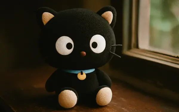 Chococat plush sits on a wooden windowsill in soft warm light — 4K Ultra HD PC desktop wallpaper background.