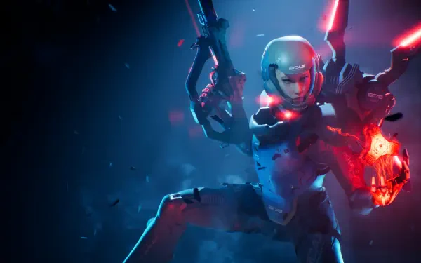 4K Ultra HD PC desktop wallpaper and background for the Metal Eden video game: armored cyber-soldier firing an energy pistol while holding a glowing red power core in a neon-blue battlefield.