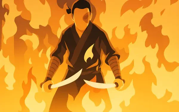 HD PC wallpaper of Zuko from Avatar: The Last Airbender — silhouetted in roaring flames, wielding dual curved swords, intense stance against a blazing orange background.