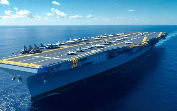 4K Ultra HD PC desktop wallpaper background: modern aircraft carrier at sea with fighter jets lined on deck beneath a bright blue sky.