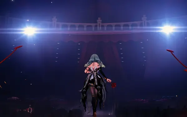 HD PC desktop wallpaper of Phrolova from the video game Wuthering Waves: backlit onstage beneath twin spotlights, cloak billowing against a dramatic, misty arena backdrop.