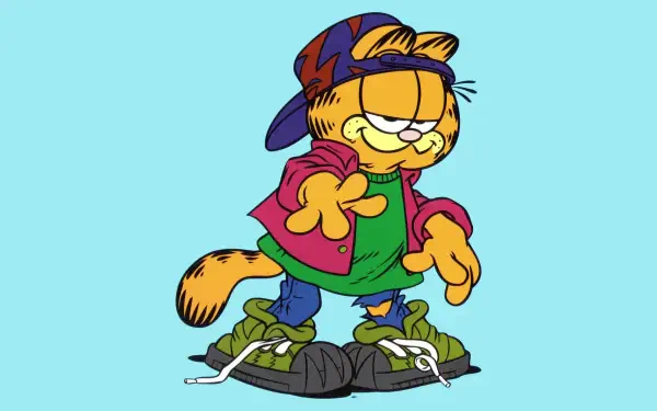 Cartoon TV-show Garfield in drip streetwear—backwards cap, hoodie, baggy pants and oversized sneakers—grinning on a cyan HD PC desktop wallpaper.