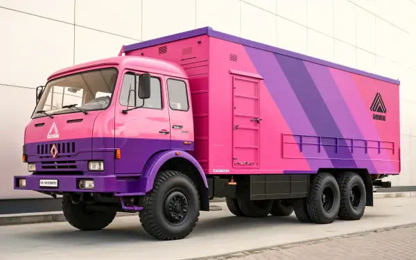 Pink and purple Kamaz truck parked beside a pale wall — 4K Ultra HD PC desktop wallpaper and background.