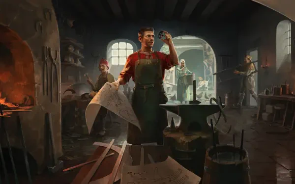 HD PC desktop wallpaper for the video game Kingdom Come: Deliverance II: a medieval blacksmith holds plans in a sunlit forge as apprentices hammer and shape glowing metal.