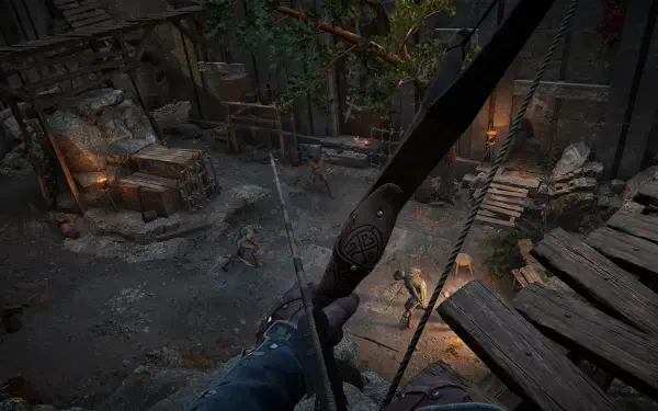 HD PC wallpaper: POV archery in the video game Alkahest — a drawn bow overlooking a rain‑damp medieval courtyard and torchlit rooftops.