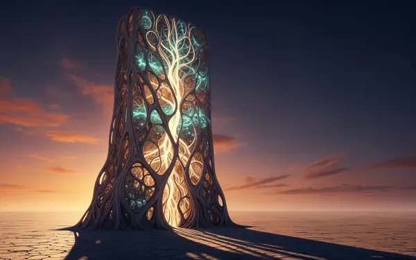 4K Ultra HD PC desktop wallpaper: a luminous tree-veined monolith rising from calm water at sunset, teal and gold light filtering through an organic lattice casting long shadows.