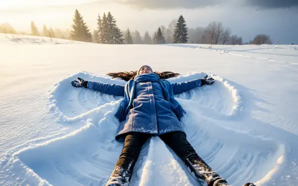 Person lying in fresh snow making a snow angel at sunrise among pine trees — 4K Ultra HD PC desktop wallpaper and background.
