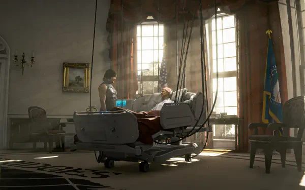 4K Death Stranding 2: On The Beach wallpaper — Sam Porter Bridges at a cable-attached hospital bed in a sunlit, stately room.