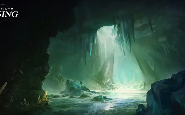 Destiny: Rising video game HD PC wallpaper - a luminous crystal cave with emerald pools, hanging stalactites and a distant shaft of light over alien rock formations.