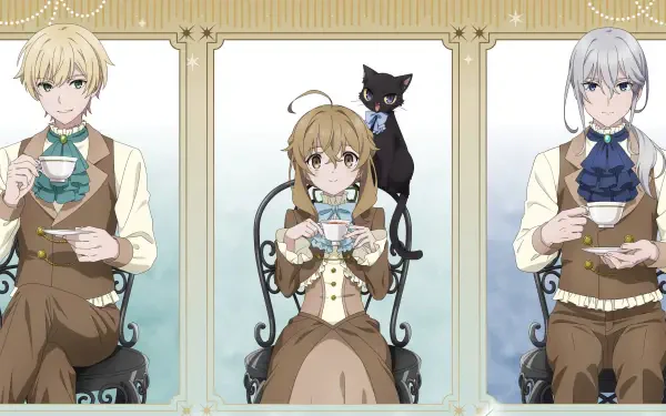 Anime HD PC desktop wallpaper for Secrets of the Silent Witch: three characters in ornate panels — a young witch with a black cat sips tea center, flanked by two companions.