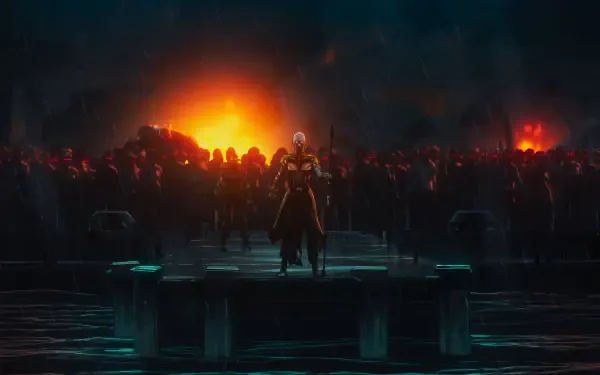 HD PC desktop wallpaper background from a TV show (Marvel Zombies): lone armored figure stands on a ruined platform, facing a horde of glowing-eyed zombies amid fiery explosions.