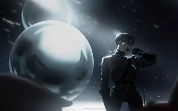 HD PC desktop wallpaper/background: Ivan (Alien Stage) stands on a dim futuristic stage, gripping a microphone, backlit by large glowing alien orbs and drifting particles.