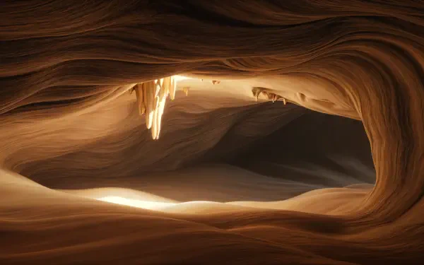 4K Ultra HD PC desktop wallpaper of a smooth sandstone cavern interior, warm golden light spilling through an opening with delicate stalactites.