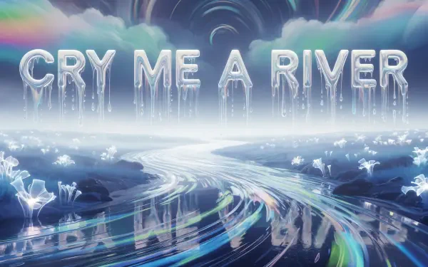 4K Ultra HD PC desktop wallpaper/background: ethereal CRY ME A RIVER in icy, dripping letters above a luminous, flowing river of light beneath swirling clouds.