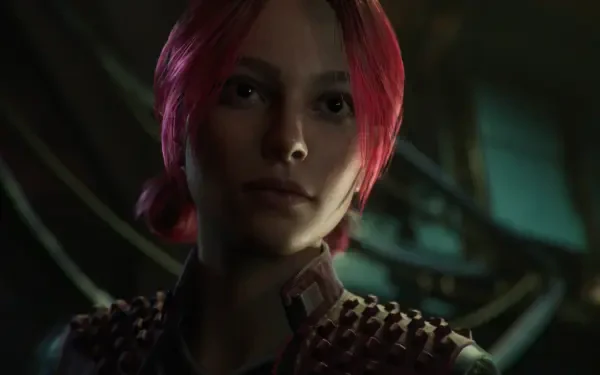 HD PC desktop wallpaper: close-up of a video game character from Spine - This is Gun Fu, a pink-haired woman in moody lighting wearing a studded jacket against an industrial background.