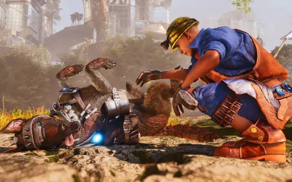 HD PC desktop wallpaper background from the video game Ark 2: a crouching mechanic tending to a disabled robotic creature amid sunlit, overgrown urban ruins.