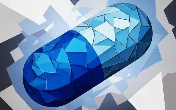 4K Ultra HD PC desktop wallpaper of a faceted blue pill capsule set against an abstract geometric background.
