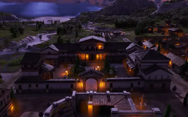 Night view of a fortified Roman-era town from the video game Anno 117: Pax Romana, HD PC desktop wallpaper and background with lit buildings, stone walls and distant hills.