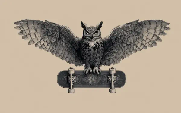 AI art HD PC desktop wallpaper: detailed monochrome owl with wings spread, perched on a skateboard against a neutral beige background.