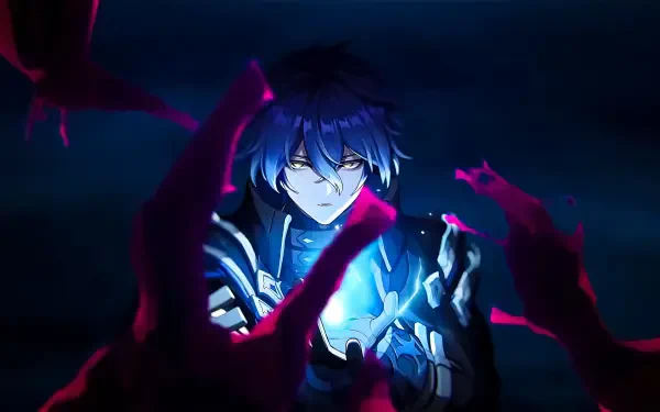 4K Ultra HD PC desktop wallpaper of Flins from the video game Genshin Impact: blue-lit portrait holding a glowing orb as shadowy purple hands reach toward him.