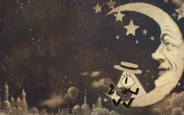 4K Ultra HD PC desktop wallpaper from the TV show Gravity Falls: cartoon Bill Cipher tipping his hat beside a grinning crescent moon over a starry, vintage skyline.