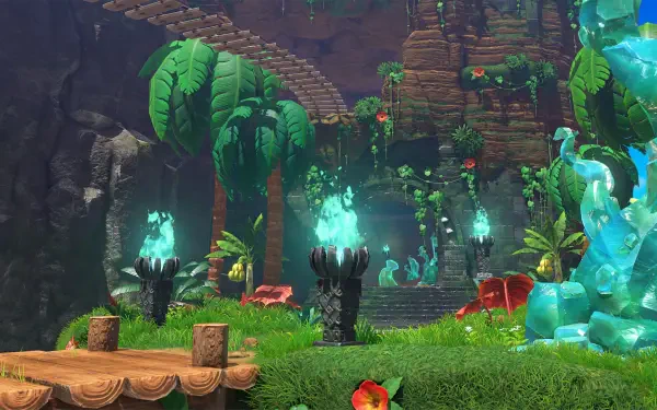 Donkey Kong Bananza HD PC desktop wallpaper: lush tropical jungle with wooden platform, glowing torches, blue crystal formations and stone steps leading deeper into a verdant cavern.