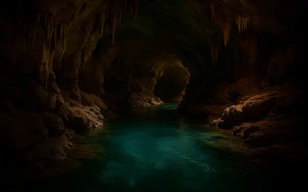 4K Ultra HD PC desktop wallpaper of a dim limestone cave with a turquoise underground river flowing through a stalactite-studded tunnel opening.