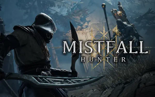 Mistfall Hunter video game HD PC desktop wallpaper: cloaked hunter aiming a crossbow in a misty forest beside ruined statue, backlit by the game's logo.