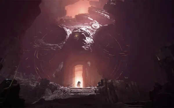 HD PC desktop wallpaper and background — Mistfall Hunter video game scene: a lone hunter silhouette faces a colossal horned skull portal inside a misty cavern, lit by eerie orange light.