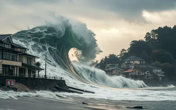 4K Ultra HD PC desktop wallpaper and background: towering tsunami wave crashing toward a coastal village under a stormy sky.