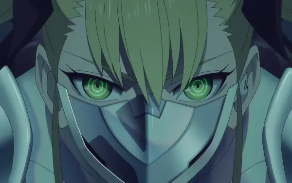 Kikoru Shinomiya from Kaiju No.8 — close-up of her masked face and glowing green eyes; HD PC desktop wallpaper background.