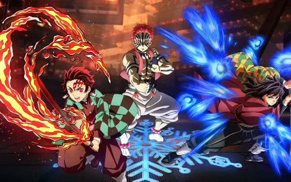 Anime 4K Ultra HD PC desktop wallpaper of Demon Slayer: Kimetsu no Yaiba — The Movie: Infinity Castle, heroes unleashing blazing and crackling attacks across a dramatic battlefield.