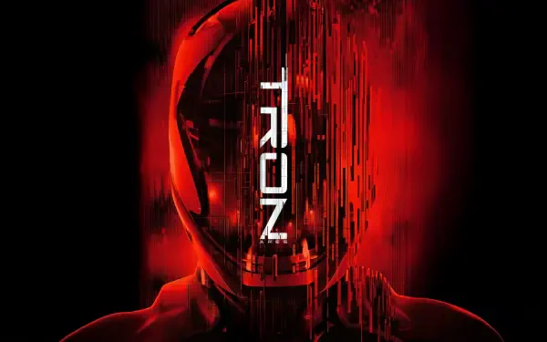 Tron: Ares 4K Ultra HD PC desktop wallpaper featuring a red-glowing helmeted figure split by vertical digital glitches with a vertical TRON logo.