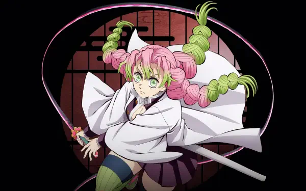 4K Ultra HD PC wallpaper of Mitsuri Kanroji from Demon Slayer: Kimetsu no Yaiba, wielding her sword with pink-green braided hair and white uniform against a circular black-and-red backdrop.