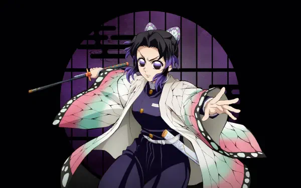 4K Ultra HD PC desktop wallpaper: Shinobu Kocho from Demon Slayer: Kimetsu no Yaiba, poised with sword and butterfly haori before a circular shoji window on a black background.