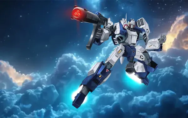 HD PC desktop wallpaper: Robotech/Macross New Generation mecha with glowing thrusters and missile launcher, soaring above clouds beneath a starry sky.
