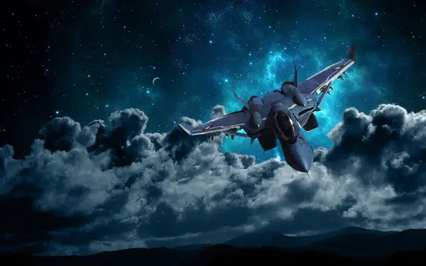 Robotech/Macross 4K Ultra HD desktop wallpaper: a Valkyrie-style fighter jet soaring above moonlit clouds against a teal starfield, with a Lynn Minmei-themed atmosphere.