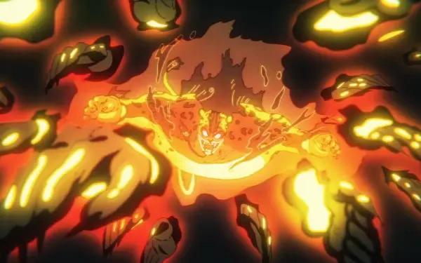 HD PC desktop wallpaper: One Piece anime scene of Rob Lucci lunging through blazing golden flames and swirling shadowy faces.