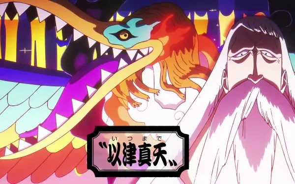Anime One Piece 4K Ultra HD PC desktop wallpaper and background: vivid multicolored dragon coiling beside a solemn bearded elder, bold stylized Japanese text in the foreground.