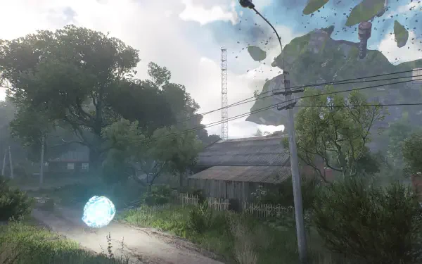 HD PC desktop wallpaper from the video game Active Matter: misty rural lane with a glowing orb, power lines and trees, debris and a shattered mountainside after a natural disaster.