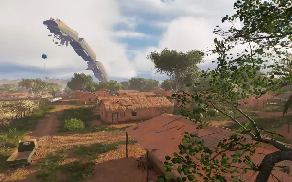 HD PC desktop wallpaper from the video game Active Matter: a rural village with thatched huts, trees and a towering crashed spacecraft in the distance beneath a cloudy sky.