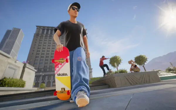 HD PC desktop wallpaper of Skate (video game): stylized skateboarder in sunglasses carrying a colorful deck across an urban plaza while others skate under a bright sun.