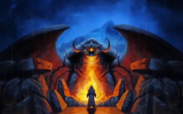 Against the Storm — 4K Ultra HD PC desktop wallpaper and background: lone figure faces a towering horned, winged demon, fire blazing against a storm-lit blue cavern.