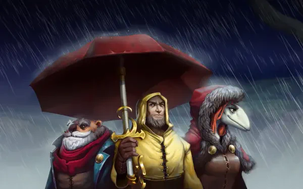 Against the Storm — 4K Ultra HD PC desktop wallpaper: hooded hero holding a red umbrella with two anthropomorphic companions standing in a driving rainstorm.