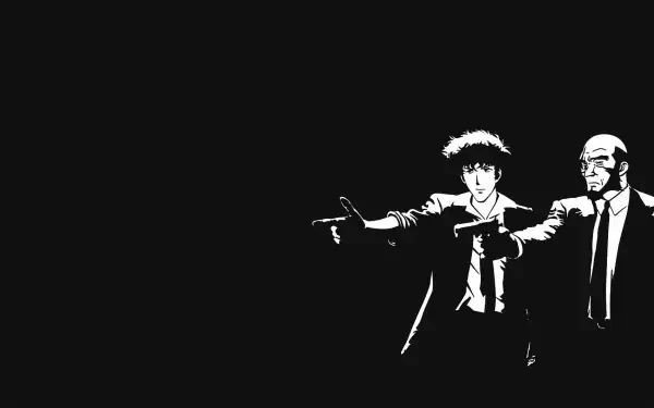 HD black anime desktop wallpaper: high-contrast white silhouettes of Cowboy Bebop's Spike Spiegel and Jet Black aiming handguns against a deep black background.
