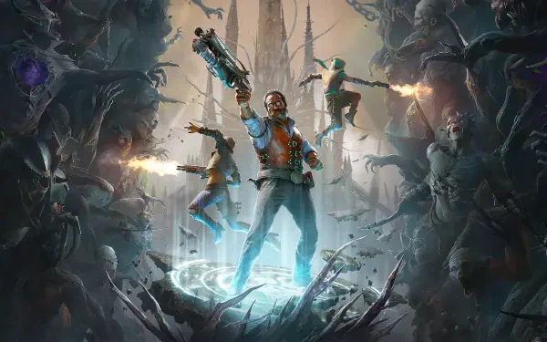 HD PC desktop wallpaper and background of Painkiller video game gaming art: a lone gunman stands in a glowing rune circle, firing at swarms of shadowy demons in a gothic, ruined landscape.