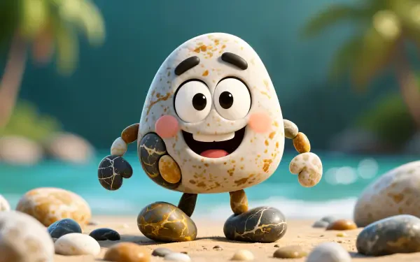 4K Ultra HD PC desktop wallpaper: cheerful anthropomorphic speckled pebble with big eyes and arms walking on sand among smooth pebbles, blurred palm trees and ocean in the background.
