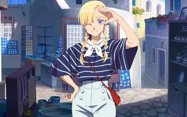 HD PC desktop wallpaper of Yuugure from Dusk Beyond the End of the World: anime blond braided girl in a striped top and high‑waist shorts posing in a sunlit seaside alley at dusk.
